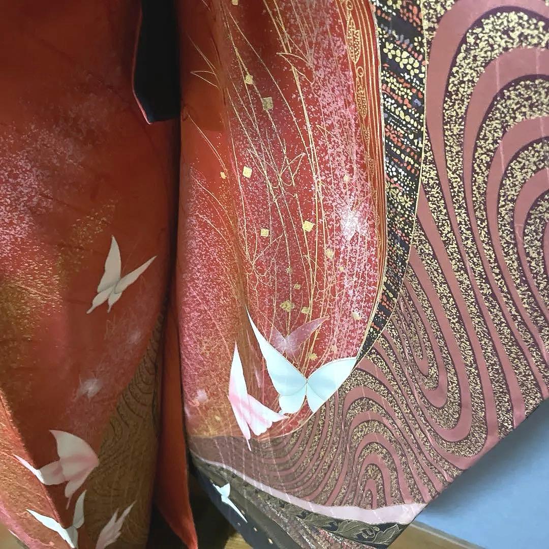 振袖フルセット　金彩加工友禅　黒と蝶々とラメでギャル完成　成人式振袖　振袖