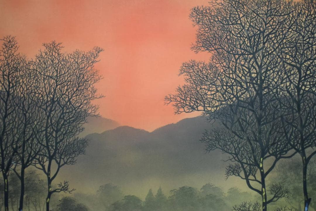 真作/小野守鳳/夕焼け/夕日図/山水/布袋屋掛軸HJ-983