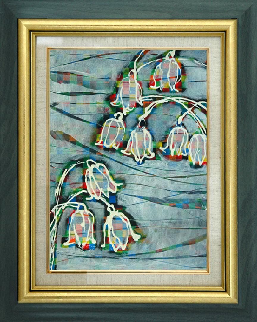 油絵 菅家令子 絵画インテリア額付(青緑＋金色の枠) F4-090116すずらん