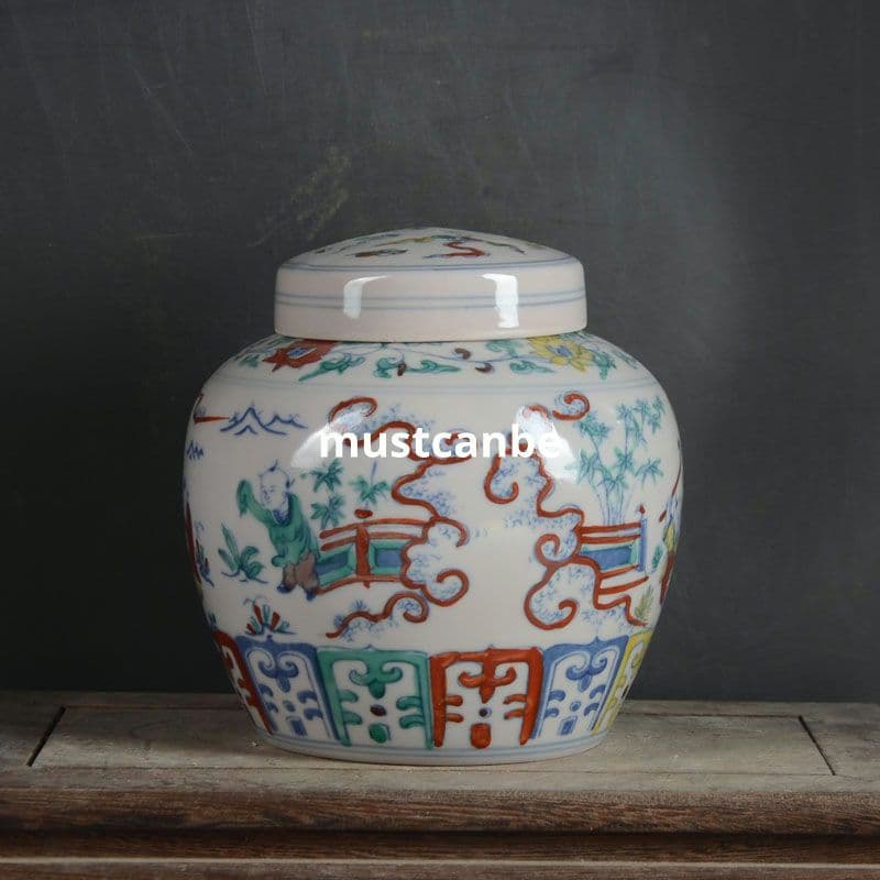 斗彩童子紋紅胎缶 景徳鎮 陶磁器 装飾品 現代工芸品 美術品 置物