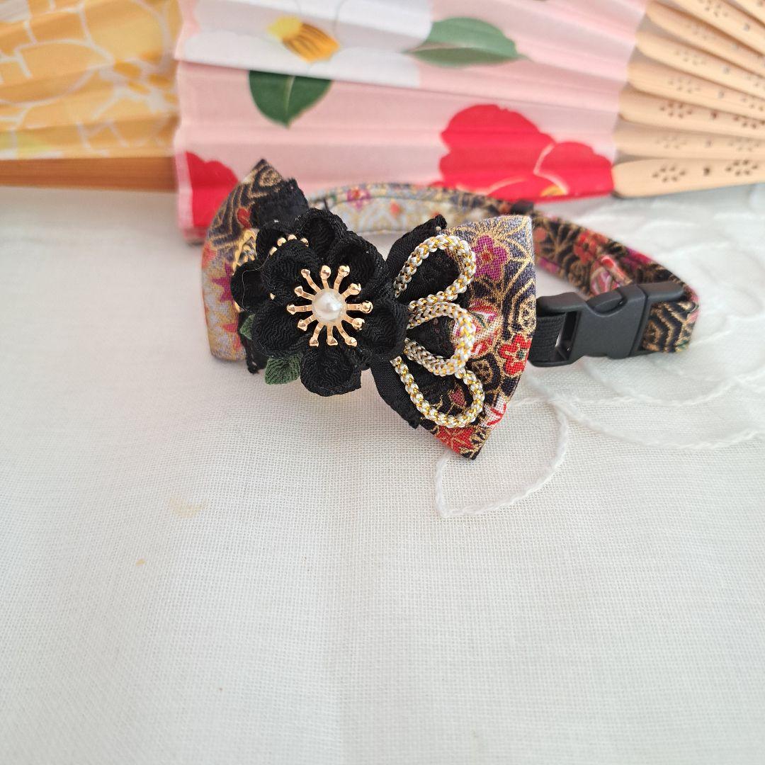 お正月、つまみ細工シングルリボン(黒③)わんちゃん猫ちゃん用首輪