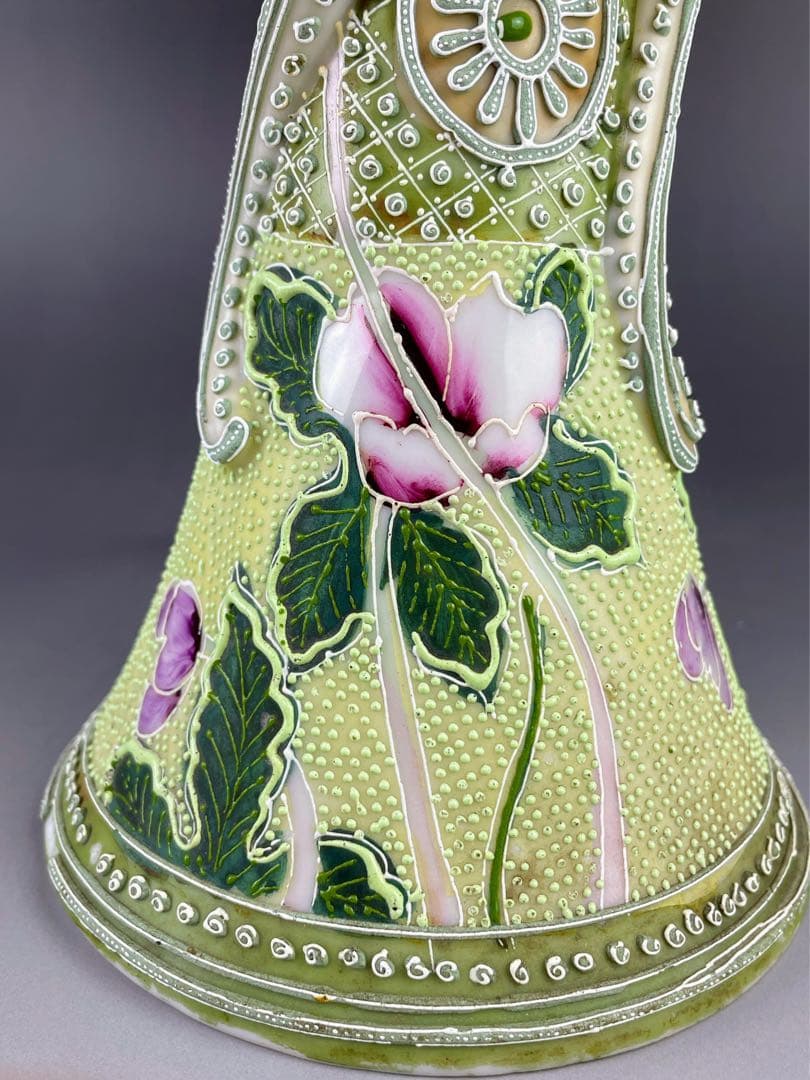 【希少】オールドニッポン 約２５．３cm 花紋 一陳盛上げ アールヌーボー 花瓶