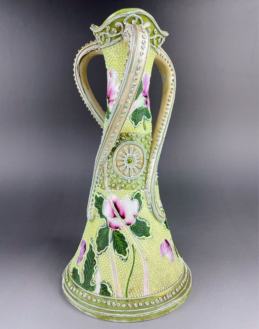 【希少】オールドニッポン 約２５．３cm 花紋 一陳盛上げ アールヌーボー 花瓶