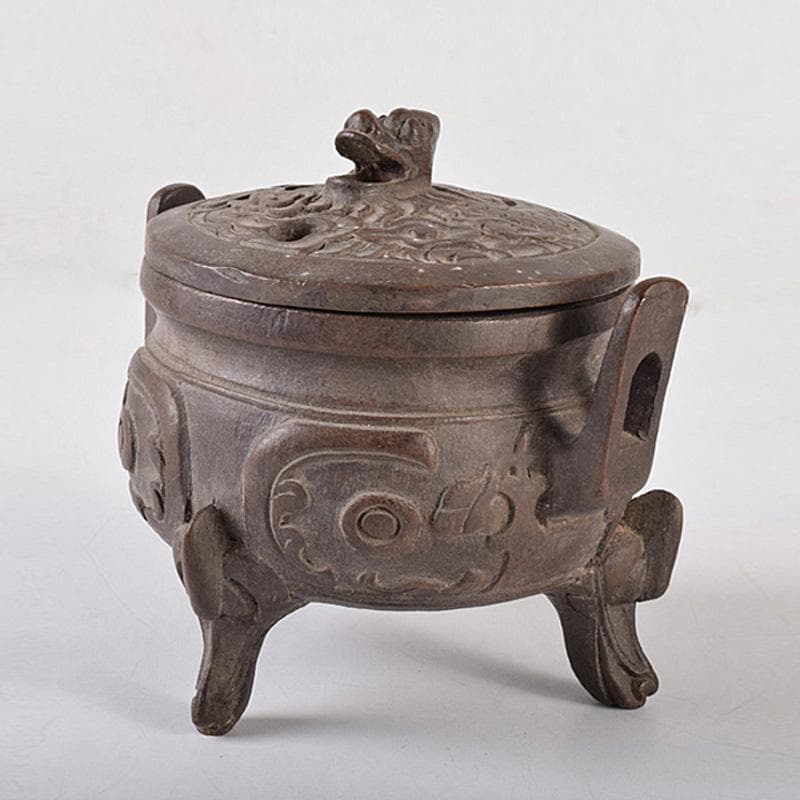 中国　古竹彫刻　獣摘饕餮文　香炉　鼎　V　R8107