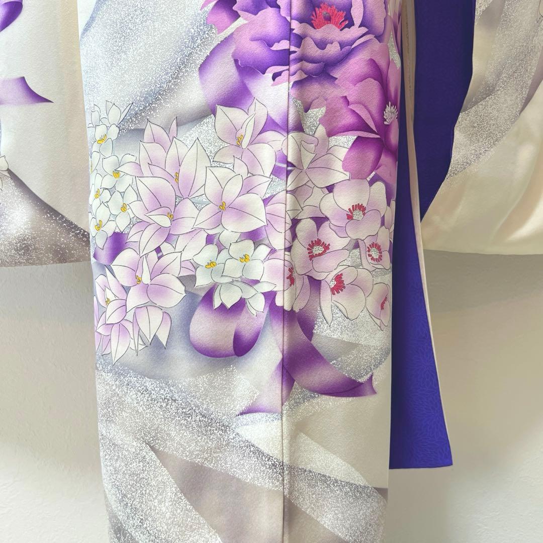 415 振袖フルセット 正絹 オフホワイト 紫 銀彩 たたき染め 暈し染め 比翼