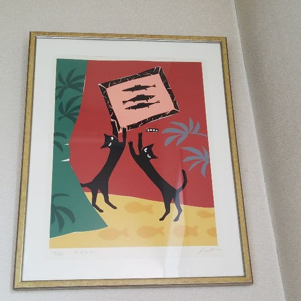 額装★可愛い猫のリトグラフ★絵画★壁掛けインテリア★絵画
