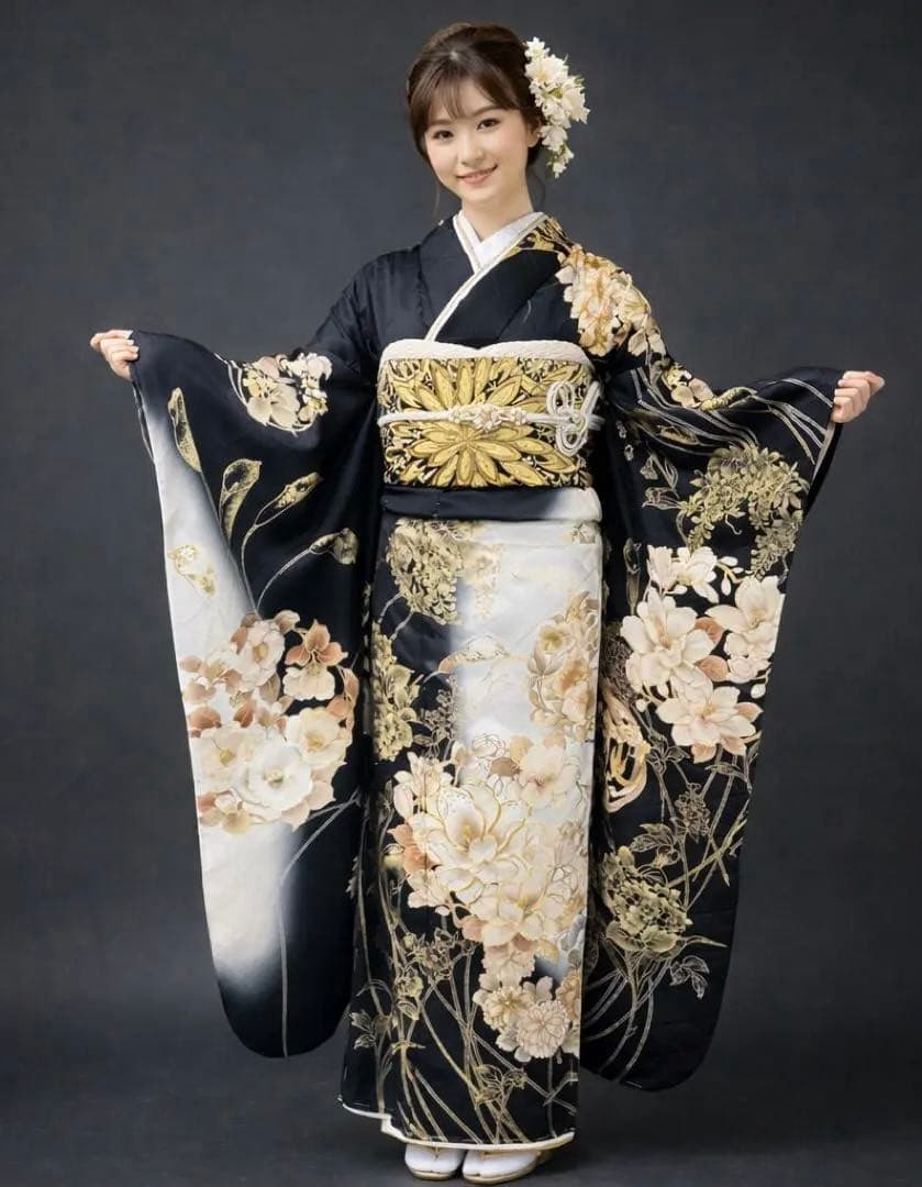 ゴージャスな黒白染め分けにゴールドの振袖セット