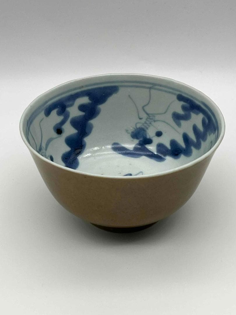 清光緒時代 紫金釉青花草虫文杯 压手杯 茶道具　茶杯 盃 煎茶碗(F-74)