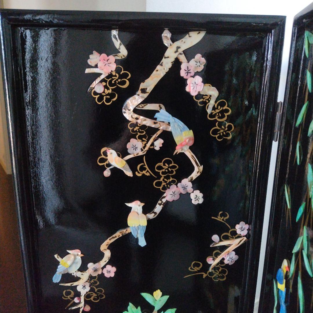 美品！骨董品 アンティーク 漆塗り 艶やか貝細工 花鳥風月 パーティション 屏風