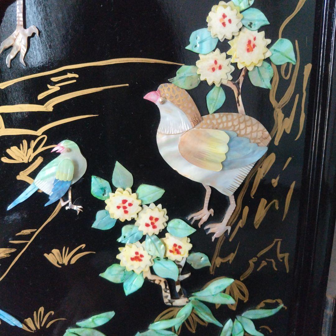 美品！骨董品 アンティーク 漆塗り 艶やか貝細工 花鳥風月 パーティション 屏風