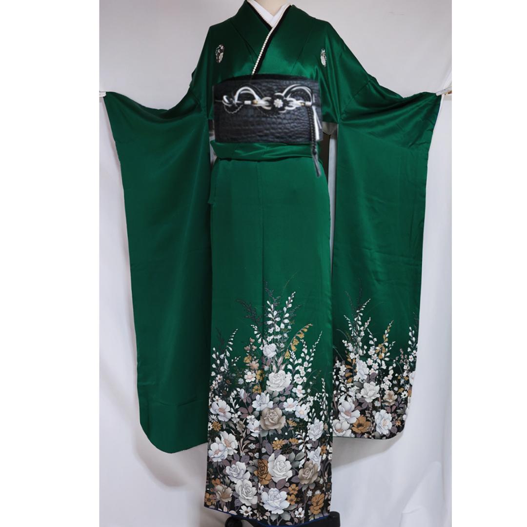 艶VINTAGE■緑白■振袖6点セット163cm帯黒新品フルセット成人式TM08