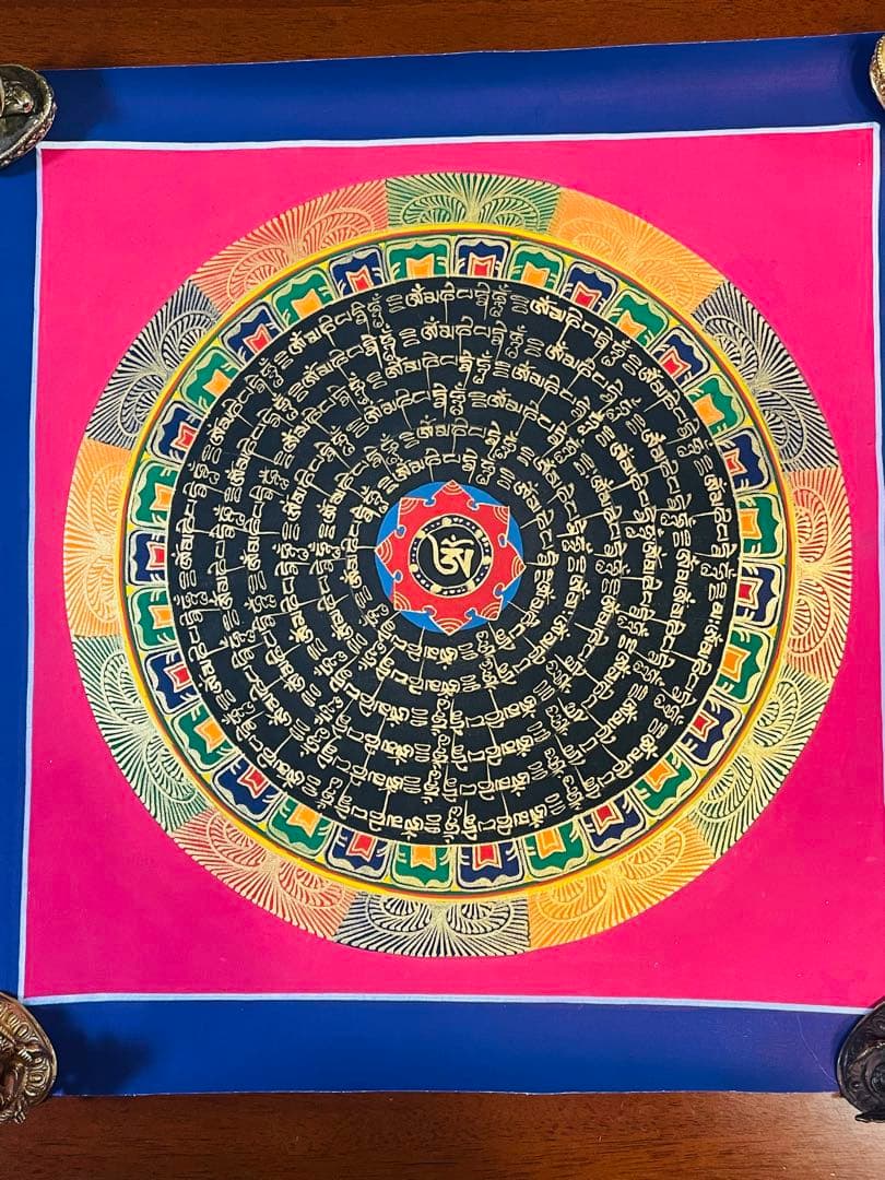 【手描き一点物】チベット密教 曼荼羅タンカ 六字真言入り／開運・護符・浄化p
