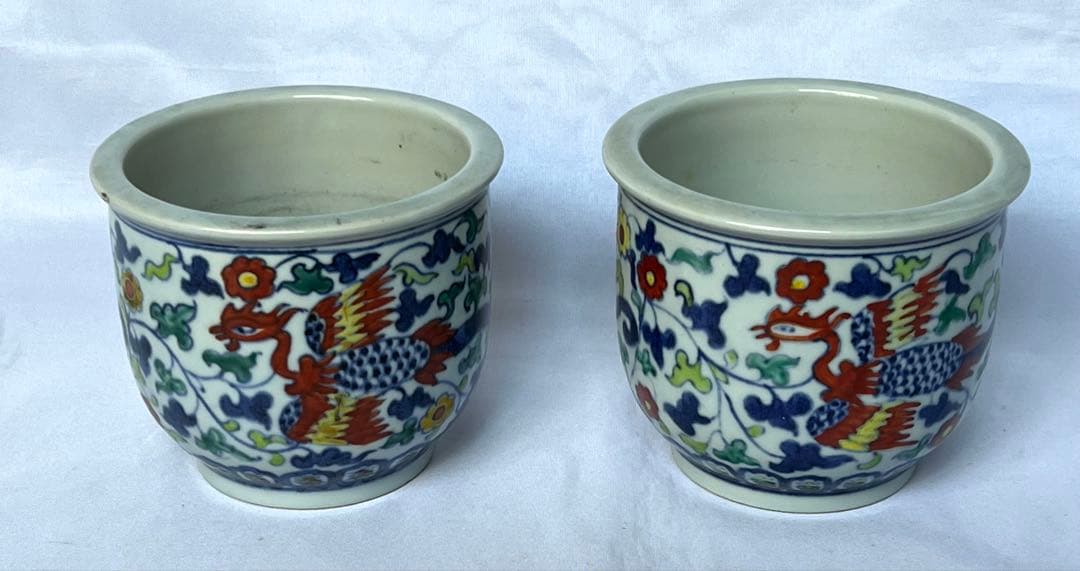 大明嘉靖年製 小鉢2点セット 赤絵 色絵 五彩 中国陶磁器　筆入れ 書道具 骨董