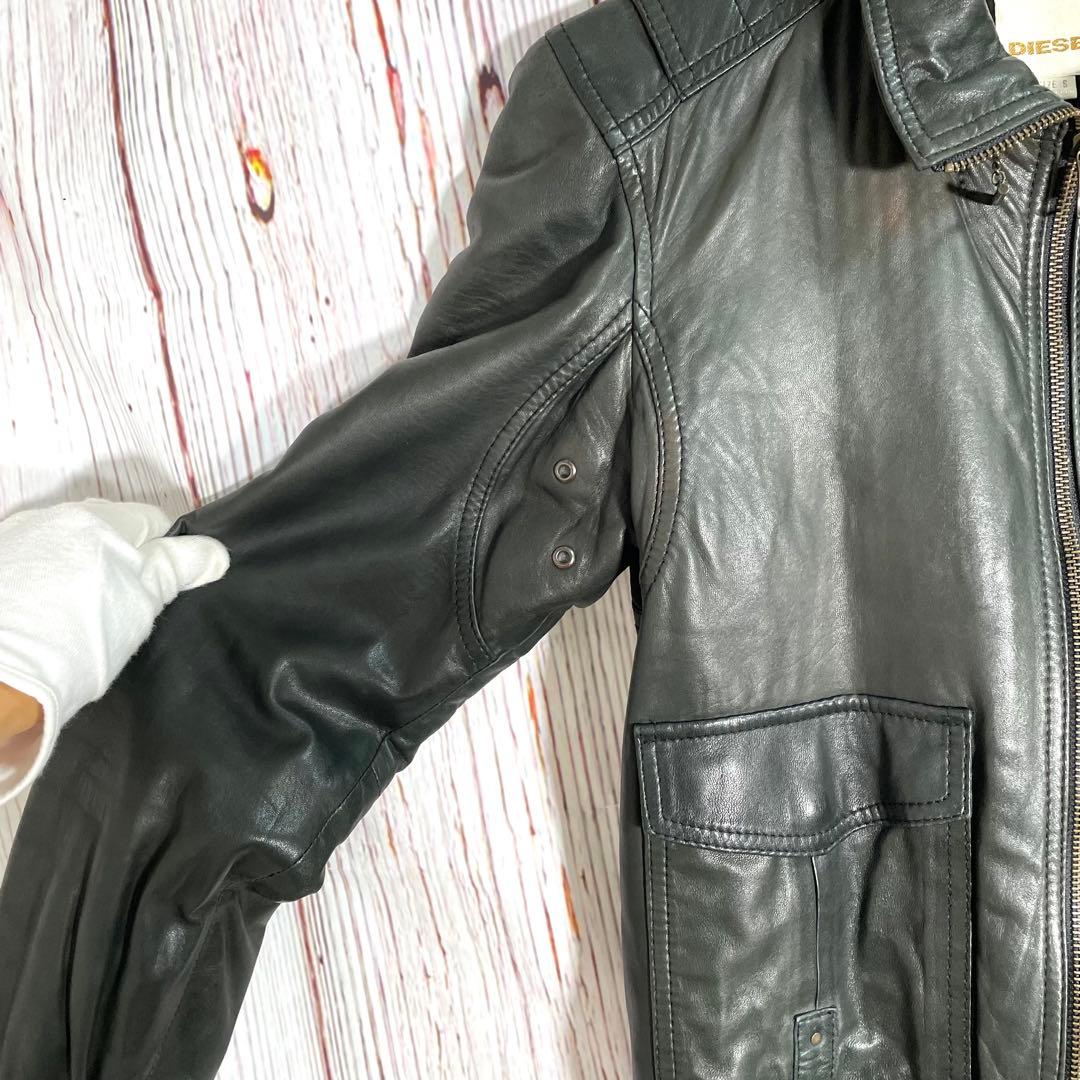 【人気】ディーゼル　レザージャケット　ライダースジャケット　シングル　緑　羊革