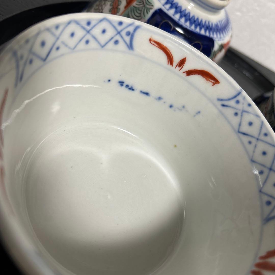 骨董品　古伊万里　月弓　金彩染錦窓絵　青海波紋　蓋付鉢　丼茶碗　有田焼　明治期