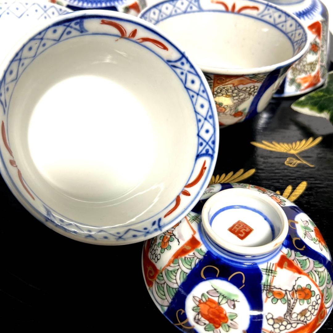 骨董品　古伊万里　月弓　金彩染錦窓絵　青海波紋　蓋付鉢　丼茶碗　有田焼　明治期