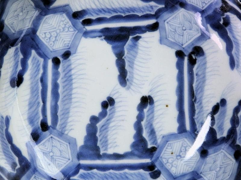 古伊万里　染付　亀甲紋に草花紋の図 膾皿　江戸期　D568AS-fbsx