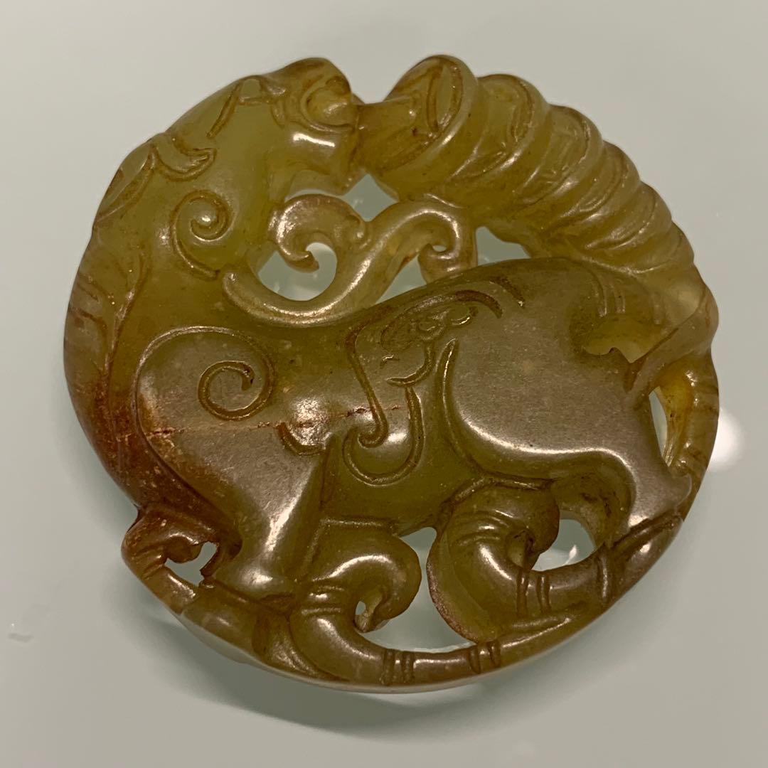 古玉　神獣呑金　清中期　時代物　天然石