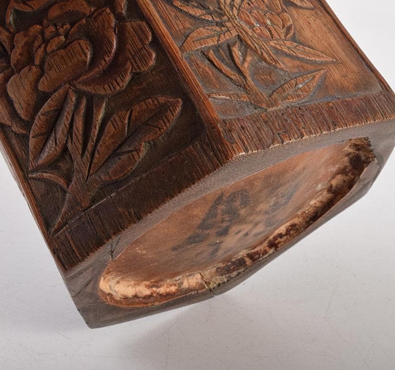 中国　書道具　古竹　花彫　筆筒　M　R4936