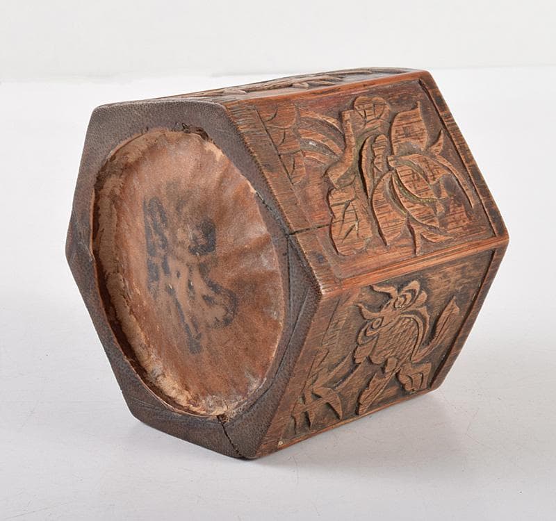 中国　書道具　古竹　花彫　筆筒　M　R4936