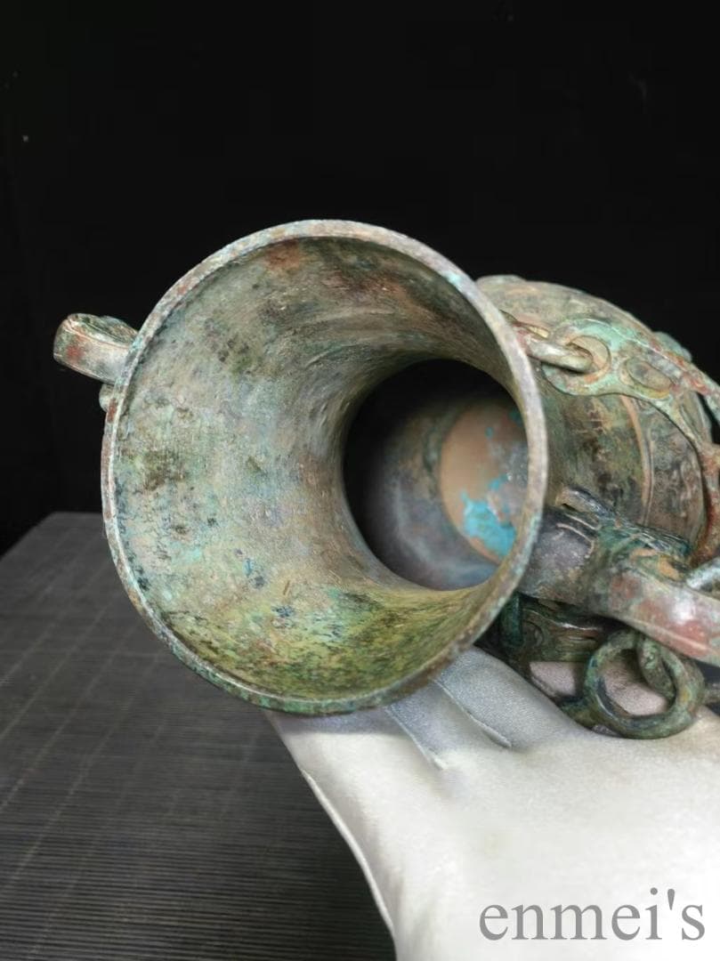 中国古美術 旧蔵 戦国款 青銅 銘文 礼器《夔龍耳提鏈壺》純銅製 高浮彫 古美味