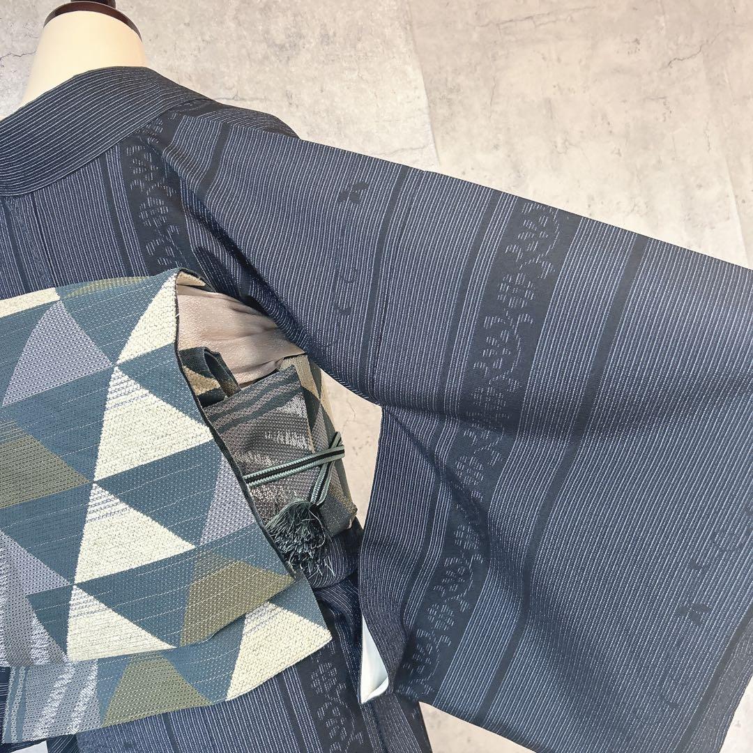 小紋　フルセット　着物　正絹　縦縞　唐草　シャレ帯　紬　p3