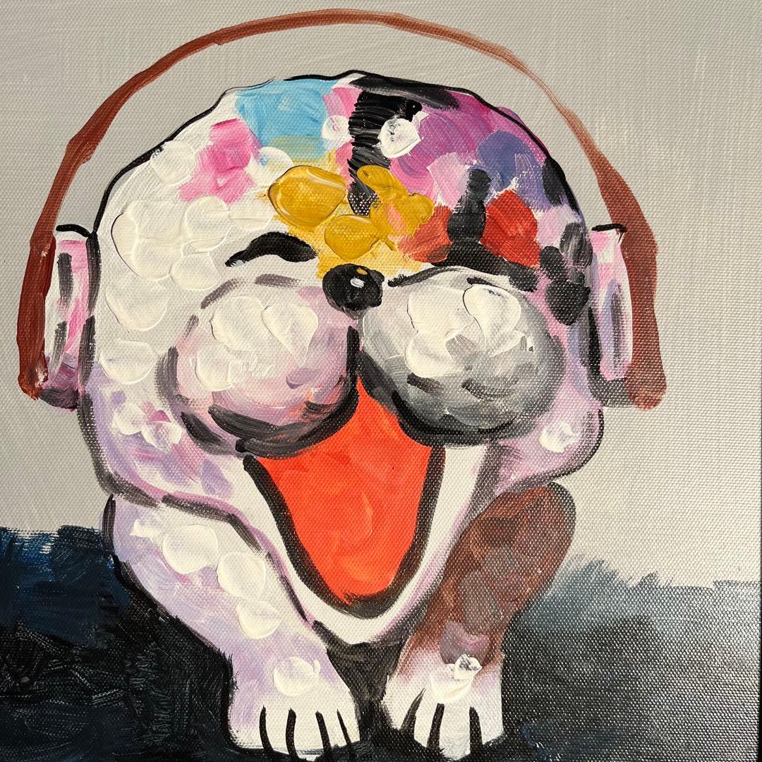 手書き油絵 フットドッグ 額付 絵画 インテリア 油彩画