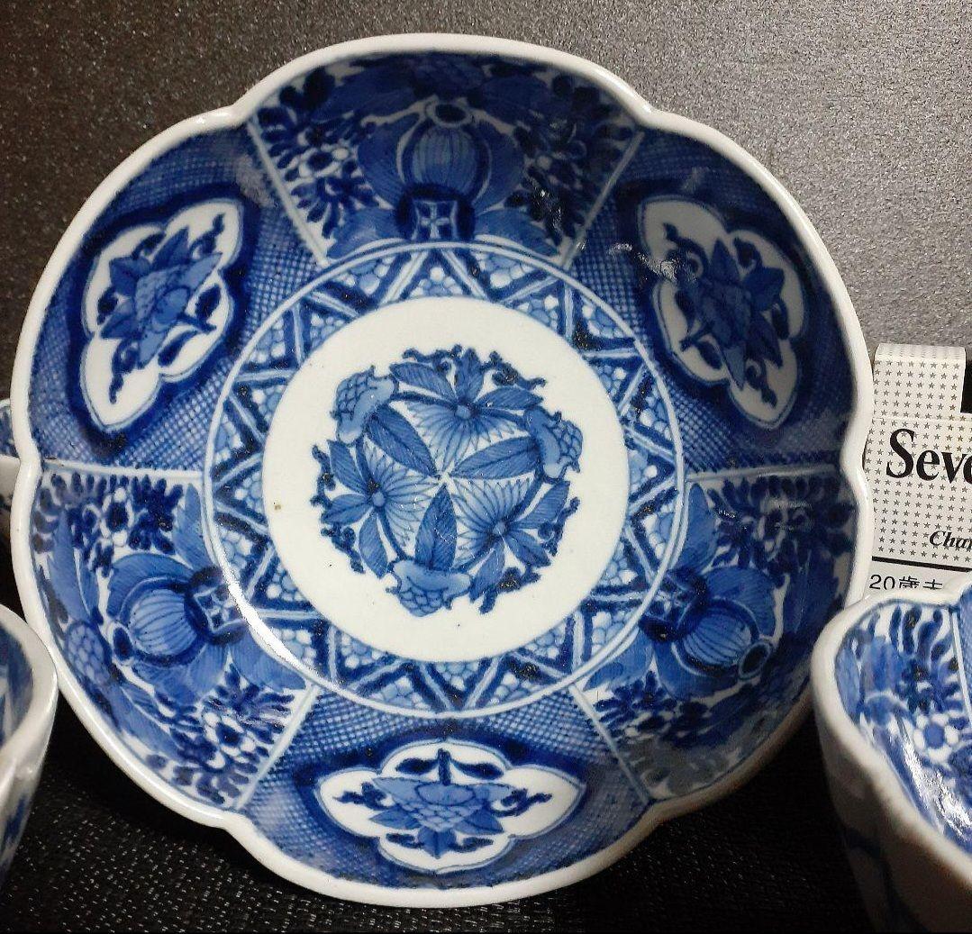 【最上作品❗️】江戸時代中期　元禄～享保　藍柿右衛門　染付　花の図　輪花皿　5客