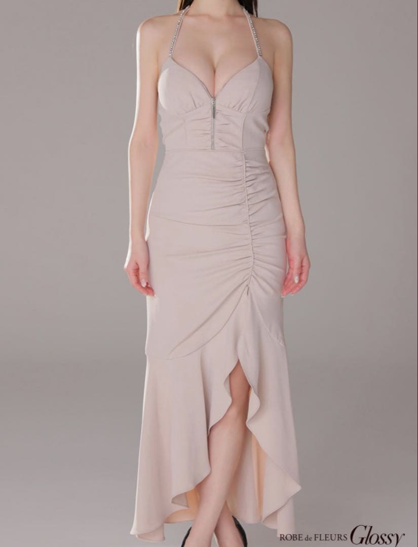 美品ラメ/ フリル/ スリット/ キャミ/ ロングドレス/ キャバドレス