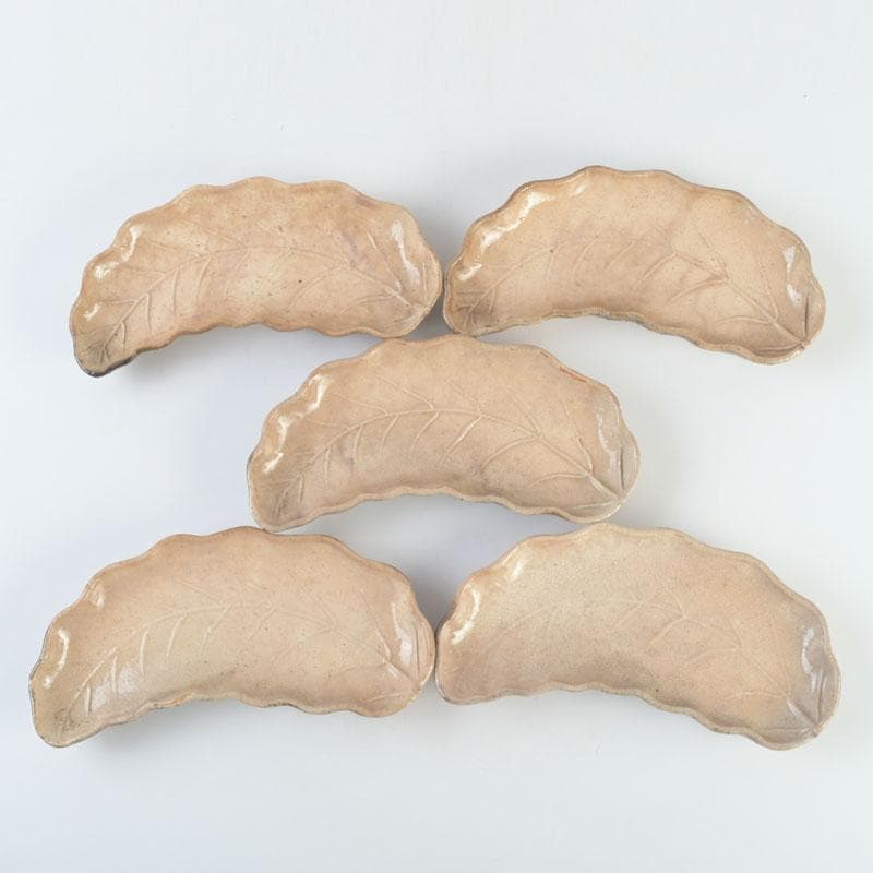 萩焼　十一代　坂高麗左衛門（韓峯）作　葉形　銘々皿　五客　時代箱　V　9500