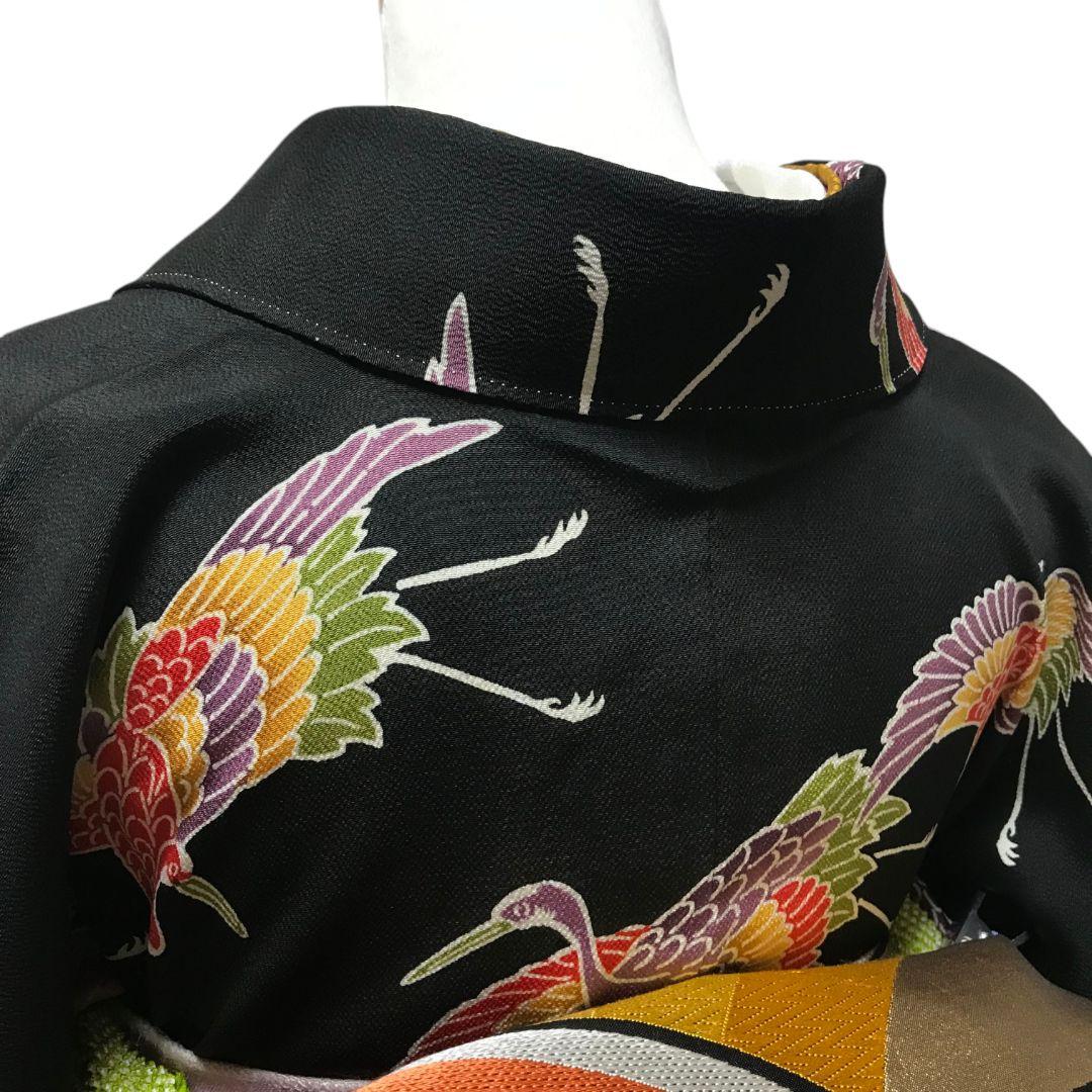 【振袖セット】松に鶴模様　黒地　6点セット　正絹　成人式　美品　アンティーク