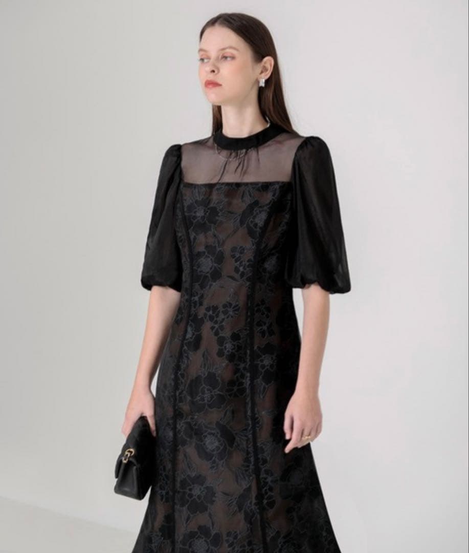 美品✨ Leja 花柄オーガンジーレース シアーパフスリーブドレス M ブラック