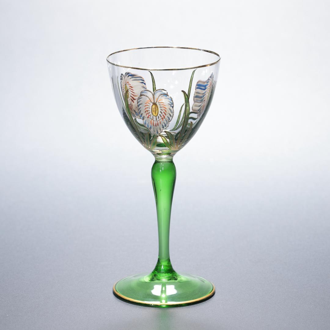 【美品】アンティークグラス　エナメル彩　花　ステム緑　R1338ダI