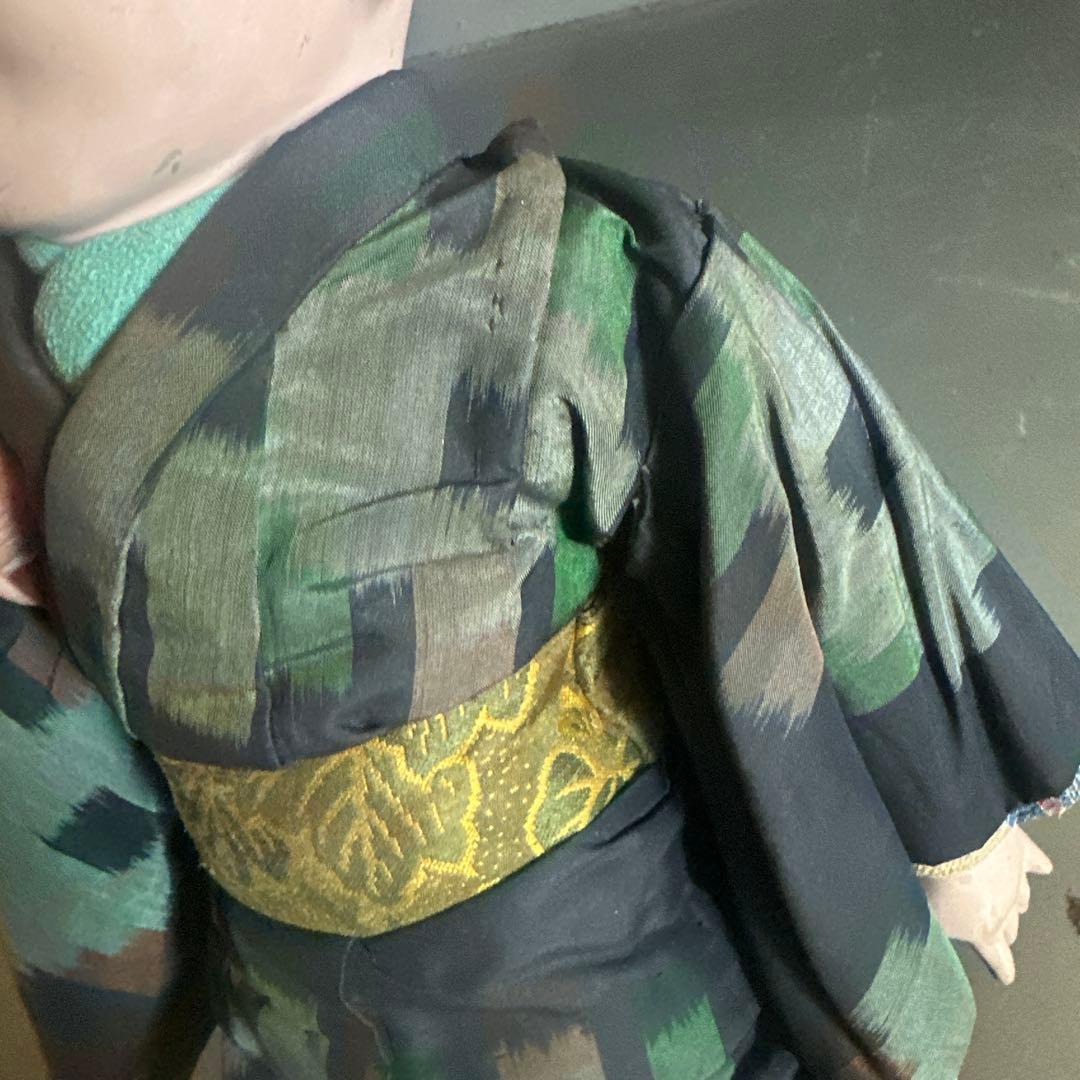 ヴィンテージ　市松人形 男の子　黒と緑の模様