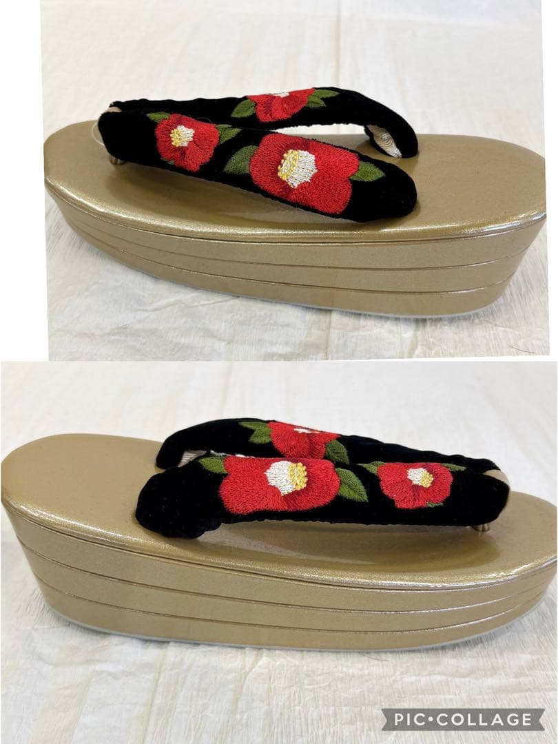 11 振袖用 草履バッグセット Sサイズ　成人式 卒業式　ベロア　黒　椿柄