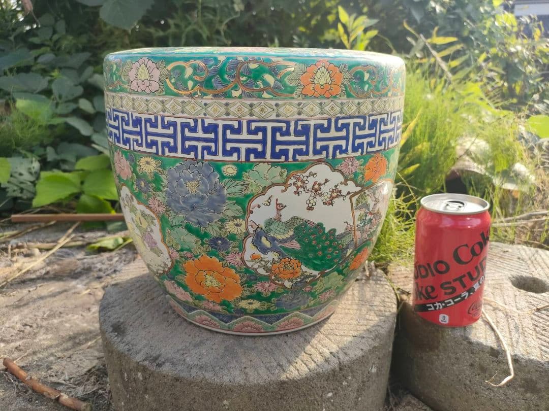 ★色絵 金襴手 火鉢　手焙 兎 孔雀 花鳥山水文 　古具