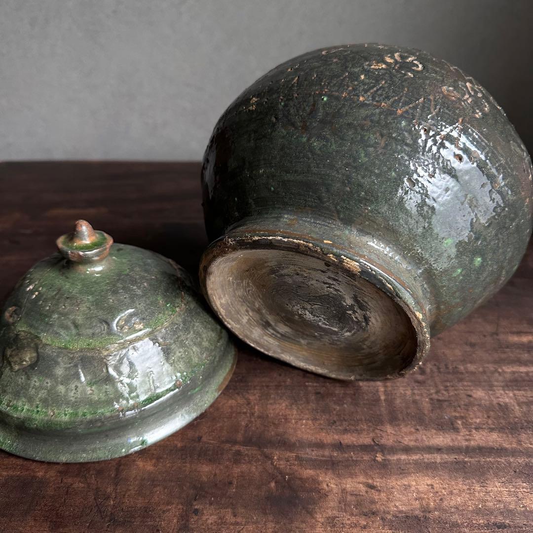 雰囲気良し　須恵器　緑釉　蓋物　古陶磁　中国美術　時代物