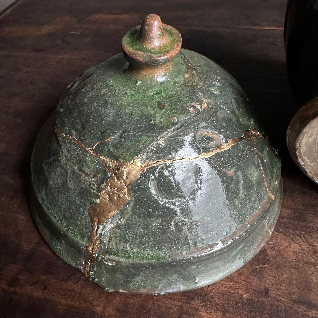 雰囲気良し　須恵器　緑釉　蓋物　古陶磁　中国美術　時代物