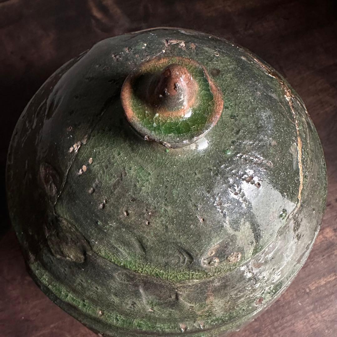 雰囲気良し　須恵器　緑釉　蓋物　古陶磁　中国美術　時代物