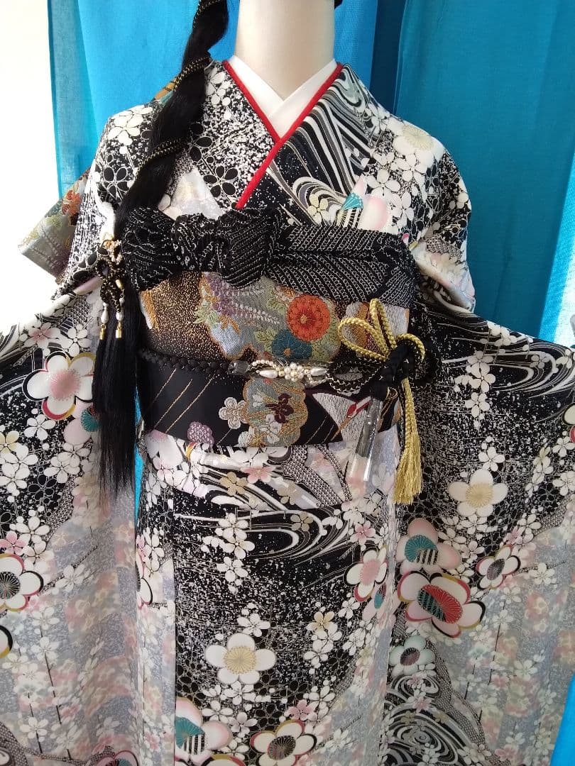 振袖フルセット、正絹振袖成人式、重ね衿帯揚げ帯締め、西陣袋帯、襦袢、ワイドサイズ