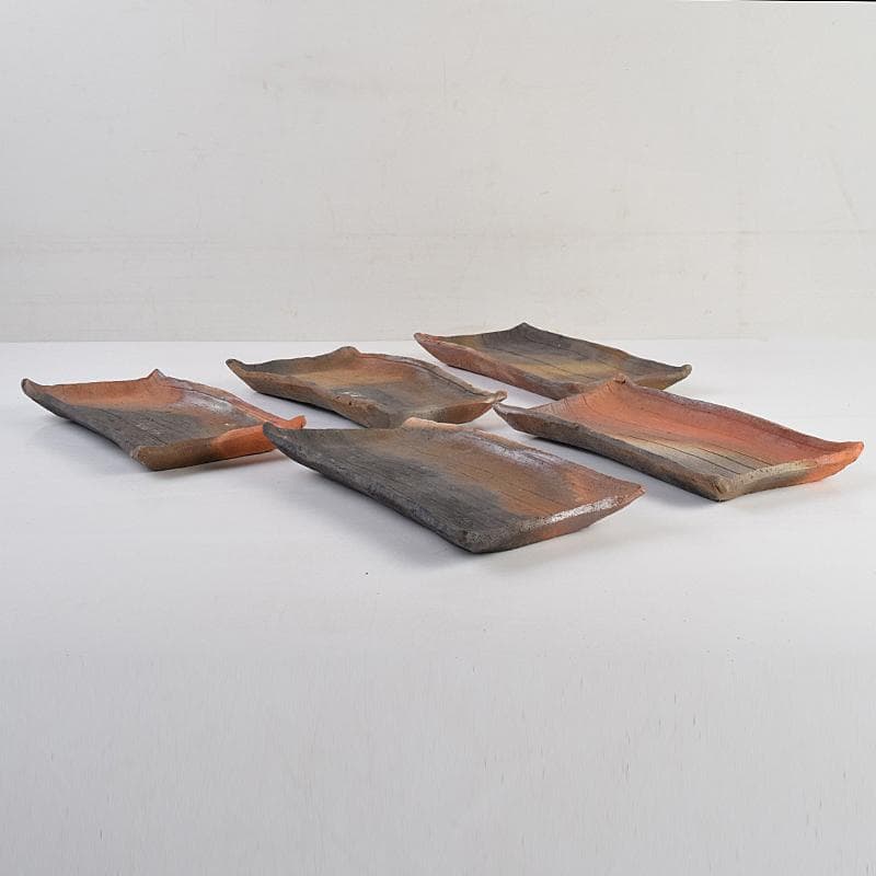 TA　和食器　楽山窯清水日呂志作　焼〆長皿　十客　共布共箱　MR9365B