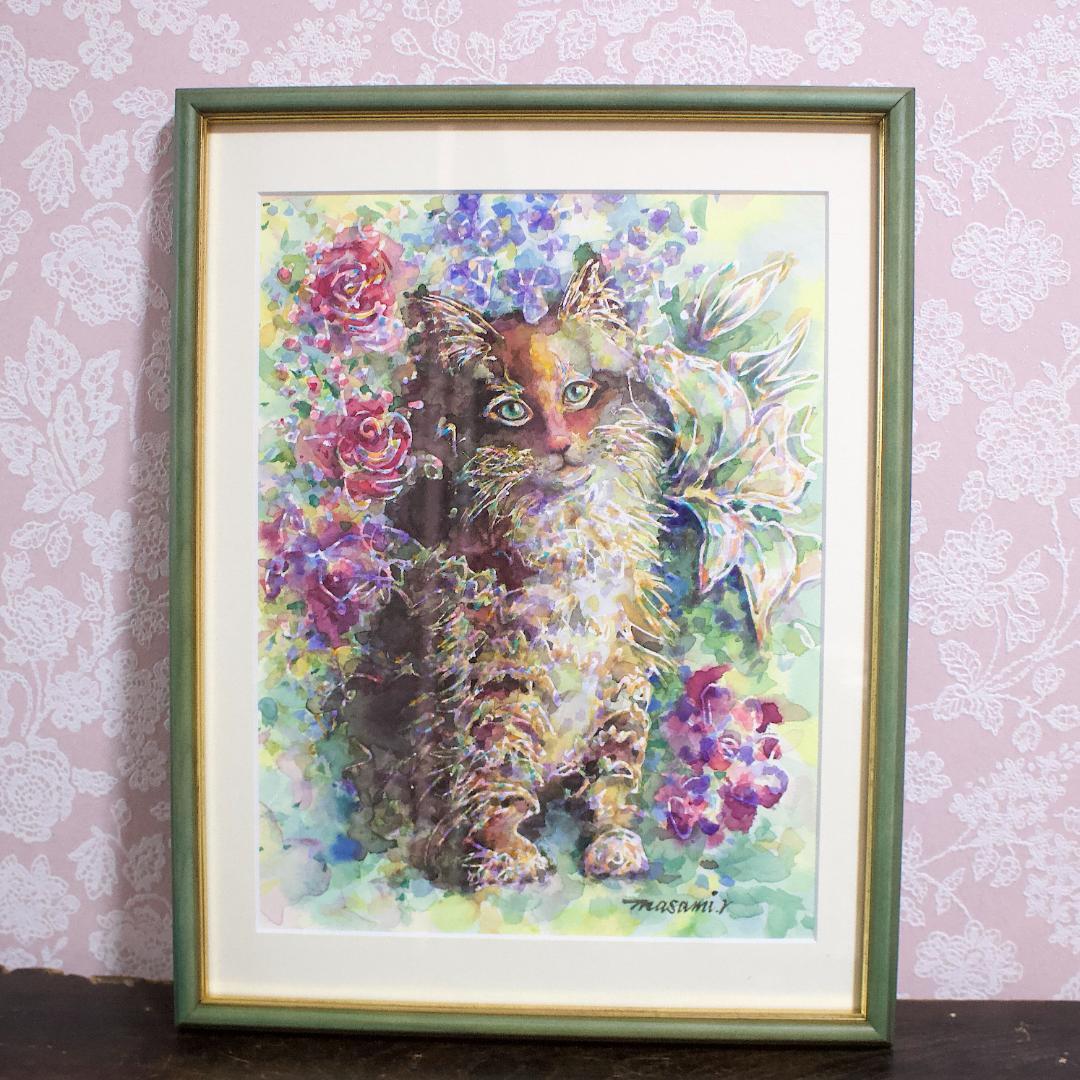 水彩画 原画 額付き「花の香り」F4 猫の絵
