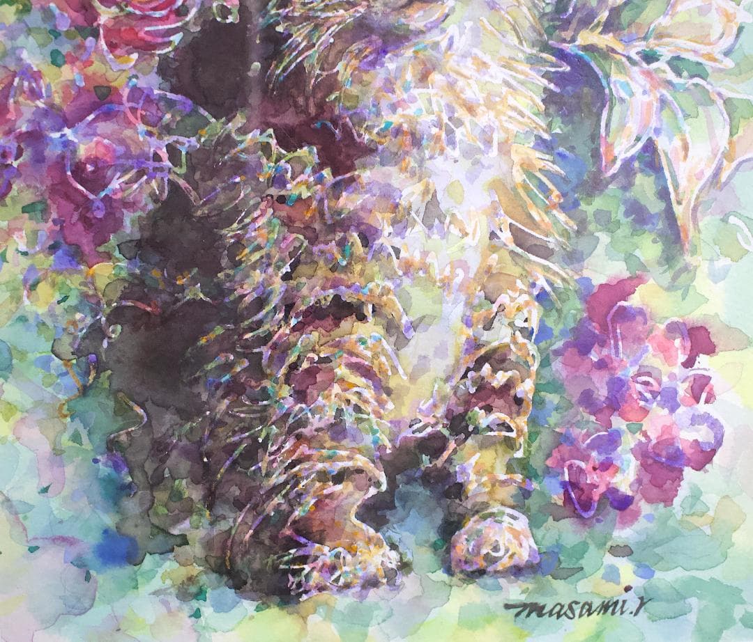 水彩画 原画 額付き「花の香り」F4 猫の絵