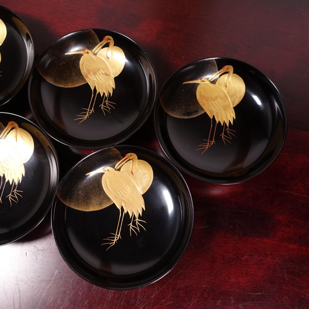 輪島塗 黒塗 見返月に双鶴蒔絵 椀 5客 天然木製漆器