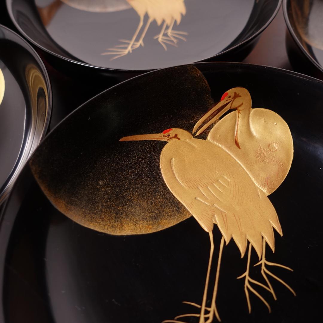 輪島塗 黒塗 見返月に双鶴蒔絵 椀 5客 天然木製漆器