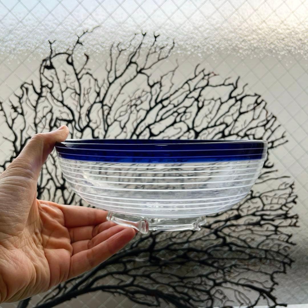 骨董　時代ガラス　瑠璃色フチ　希少　千段　糸巻き輪鉢　菓子器　氷コップ　ウラン②