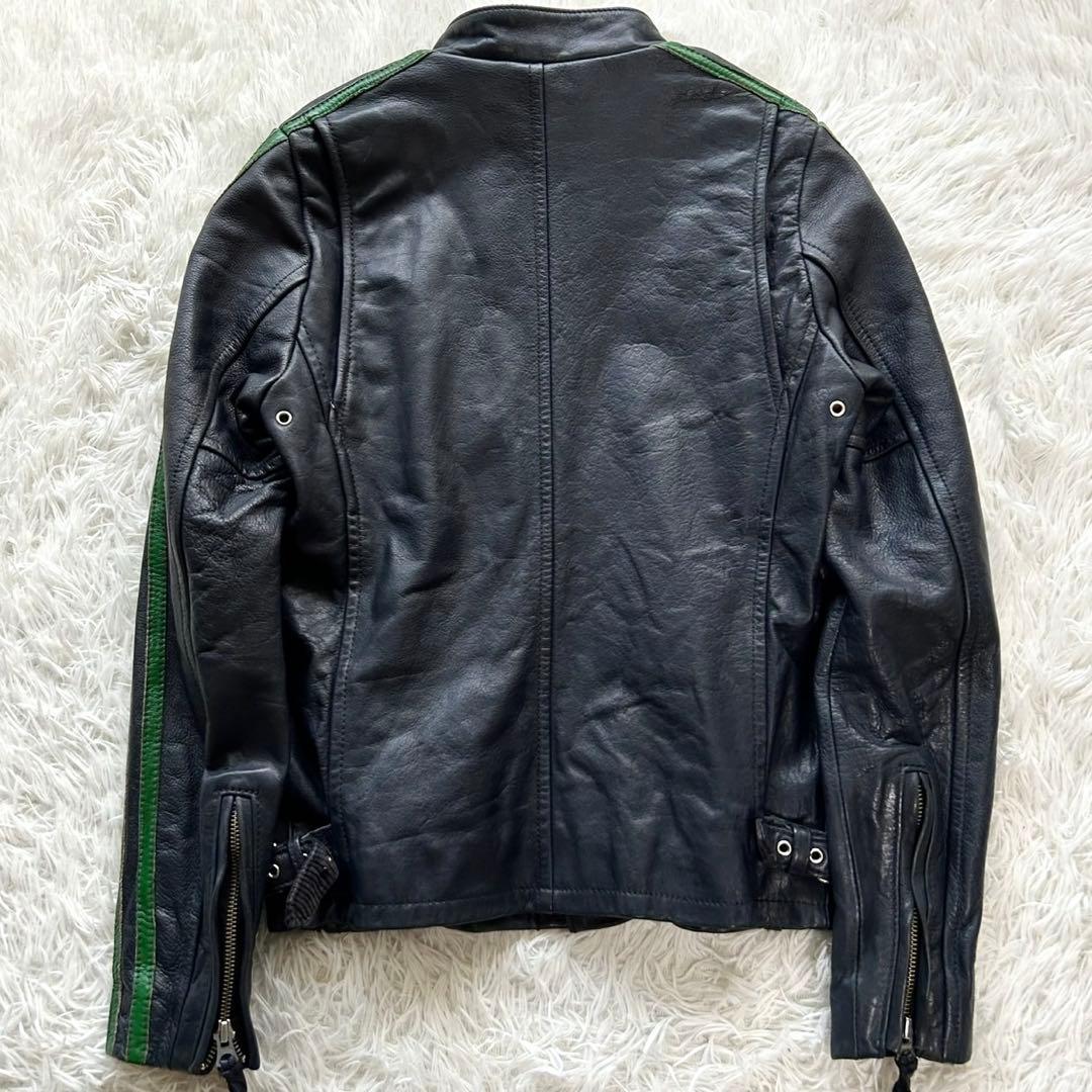 希少色　ショット　シングルライダースジャケット　牛革　グレーネイビー　S相当