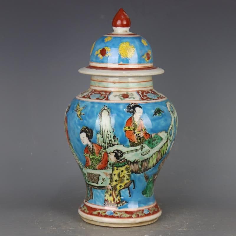 康熙藍地パステル人物将軍缶  景徳鎮 陶磁器 装飾品 現代工芸品 美術品 置物