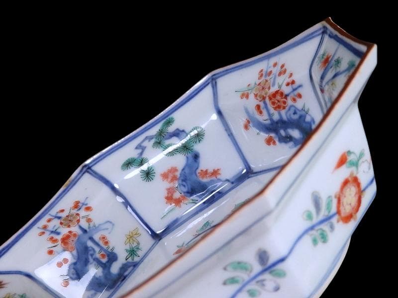 大聖寺伊万里　染錦　柿右衛門写　松竹梅の図　八角膾皿　N293AS-fbuj