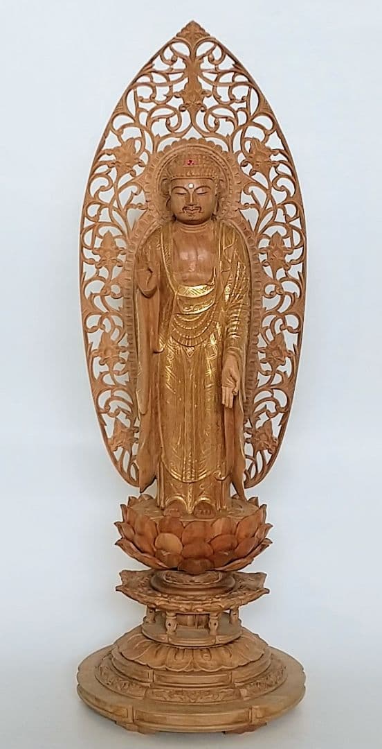 阿弥陀如来立像 4.5寸 #456 円台座 宝相華唐草 透彫り◆白檀 木彫 仏像